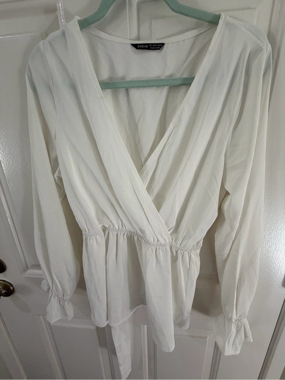 SHEIN L White Wrap Tie-Waist Peplum Blouse